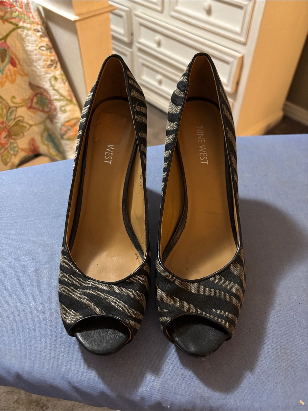 Nine West Black and Silver Zebra-Print Peep-Toe Pumps